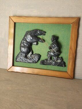 Large Al Wolf‎ Hand Made Framed Soapstone Sculpture Polar Bear Inuit Canada Art